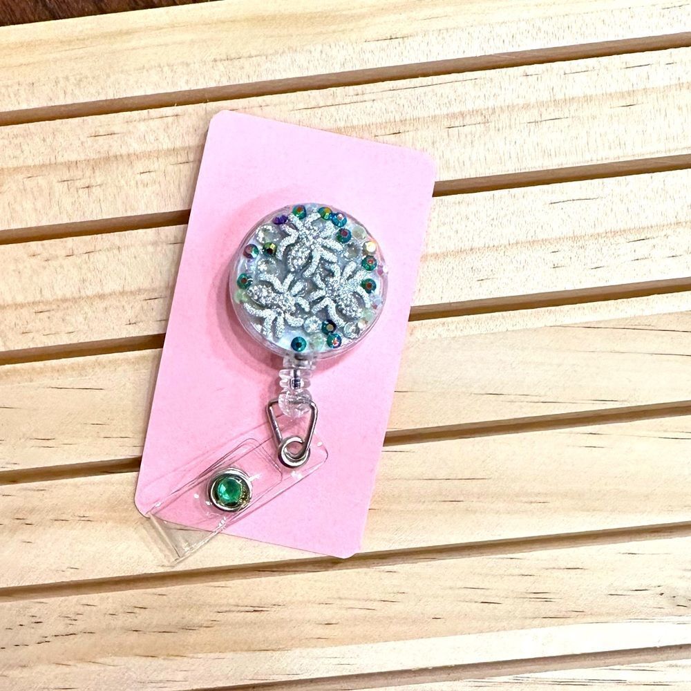 Creepy Crawley Silver Spider Clip On Clear Badge Reel With Rhinestones